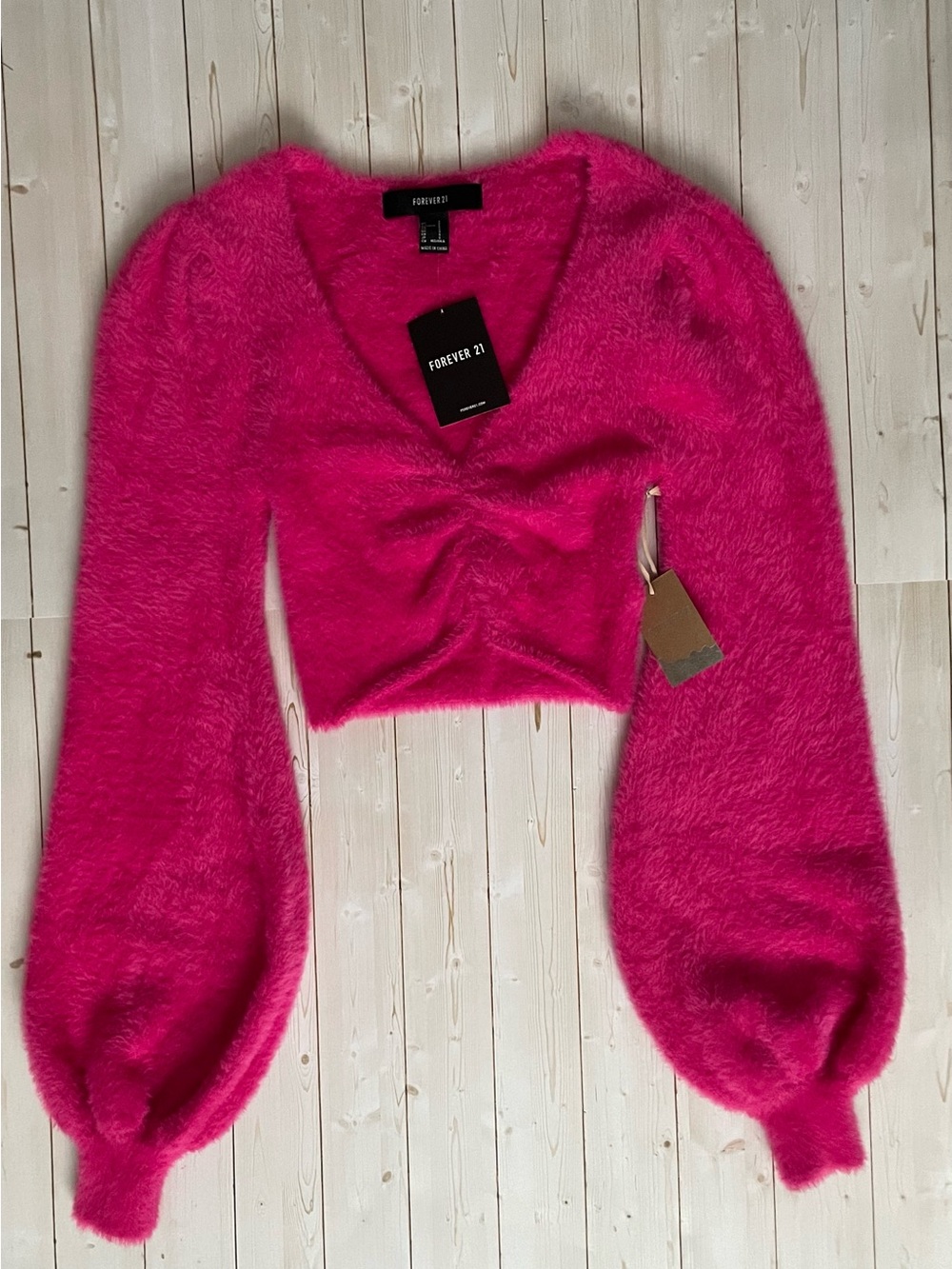 Forever 21 Hot Pink Fuzzy V-Neck Cropped Sweater